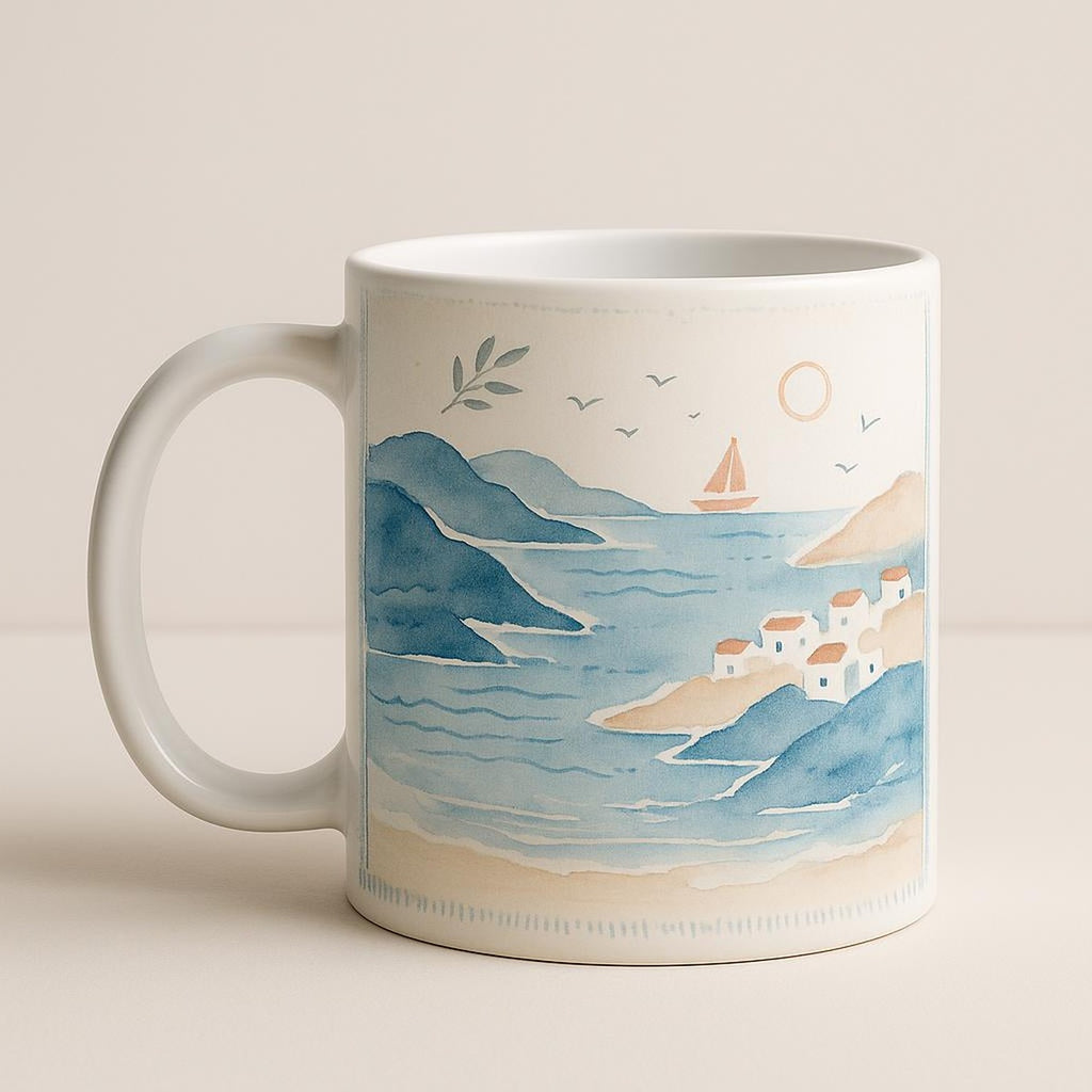 Styled Mediterranean kitchen scene with the coastal mug on a wooden table near a window