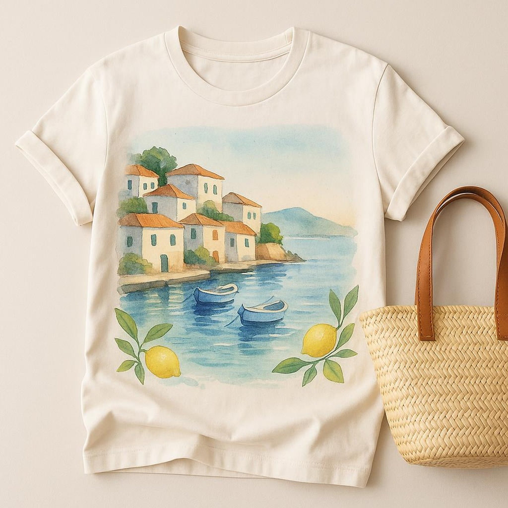 Flat-lay of the Porto coastal tee folded beside a straw hat and linen scarf