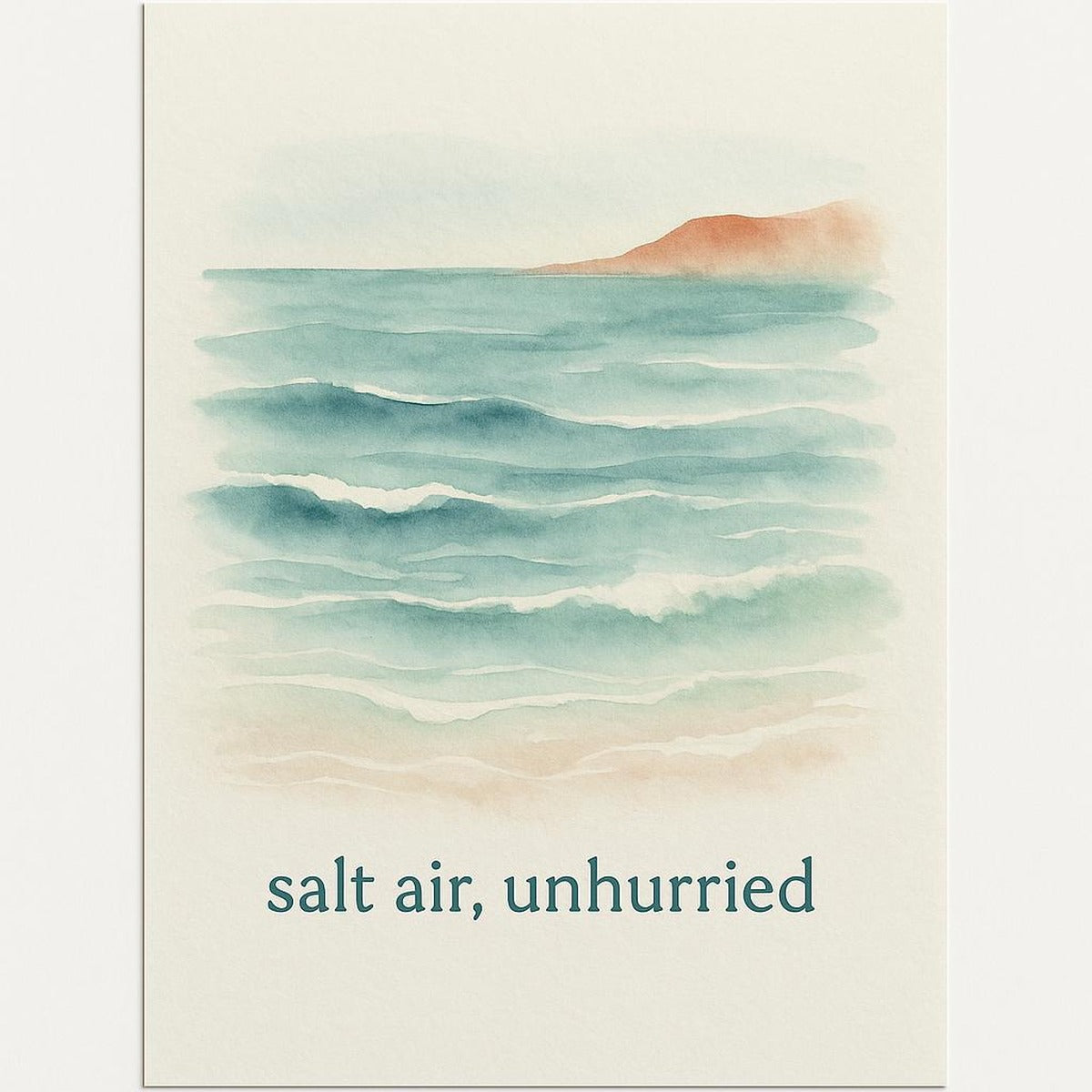 Hero view of the Salt Air Unhurried premium poster in soft sea-glass green with a tonal slow down coastal motif