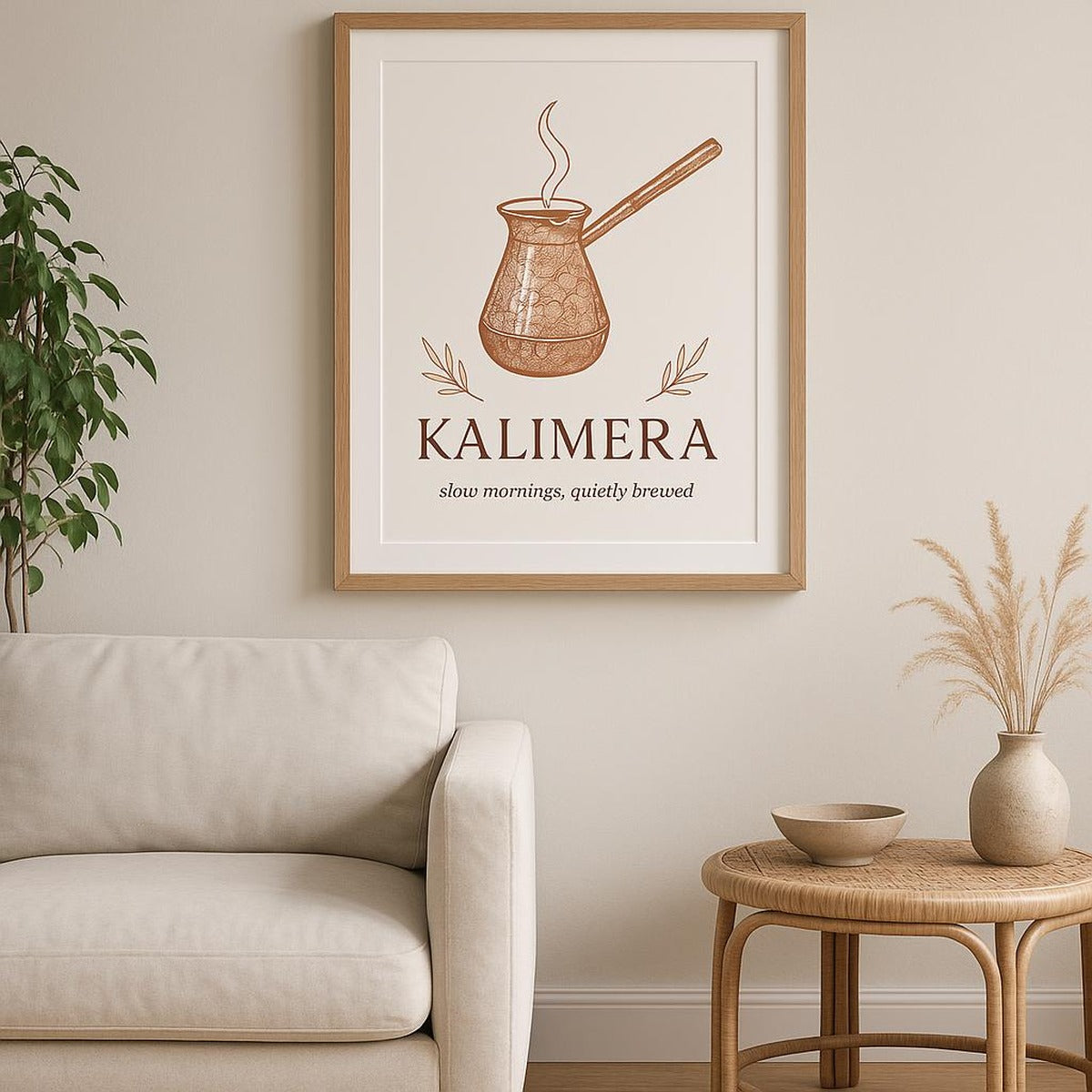 Lifestyle view of the copper cezve print framed on a warm Mediterranean kitchen wall above a coffee corner