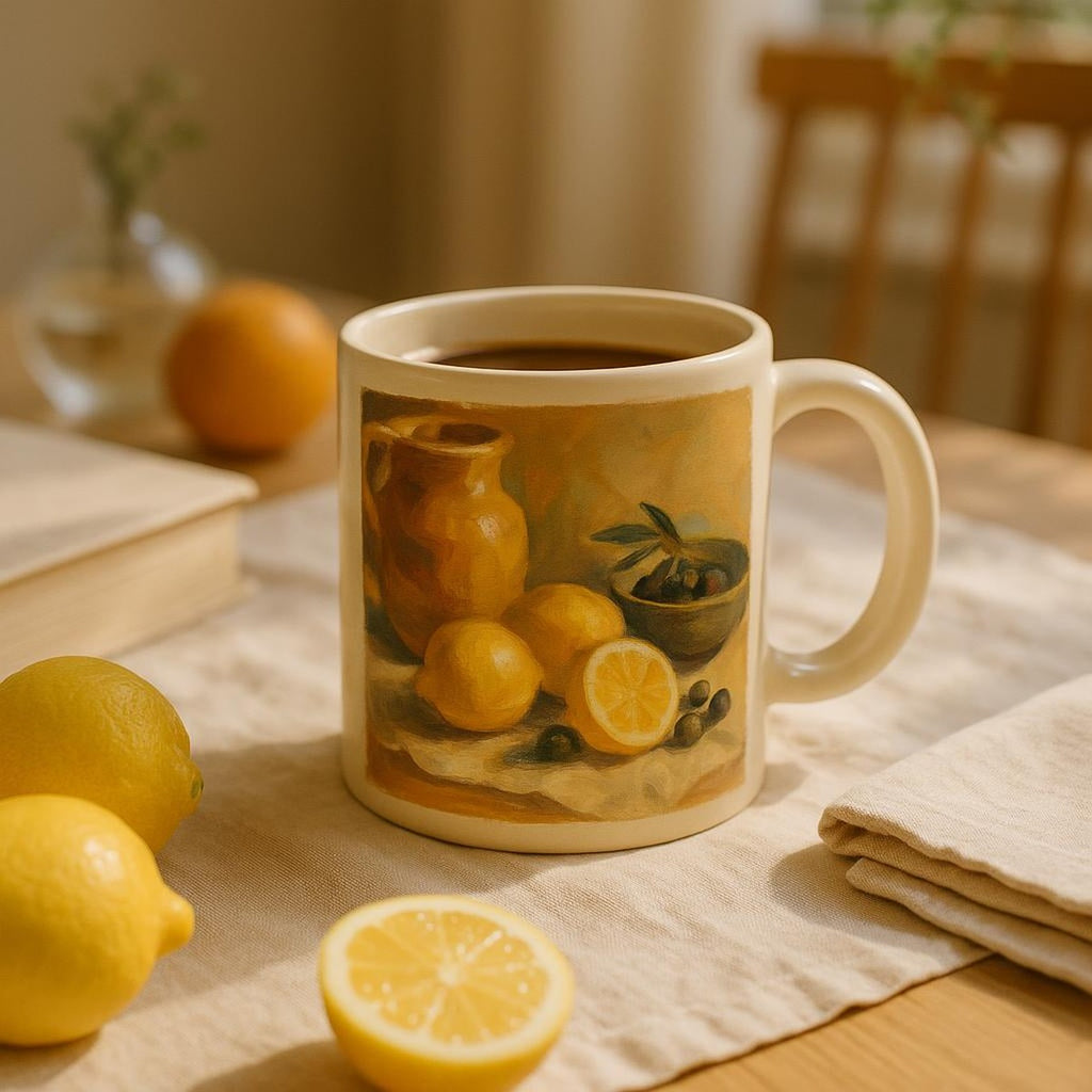 Mug placed beside a coffee pot and linen napkin on a wooden kitchen shelf
