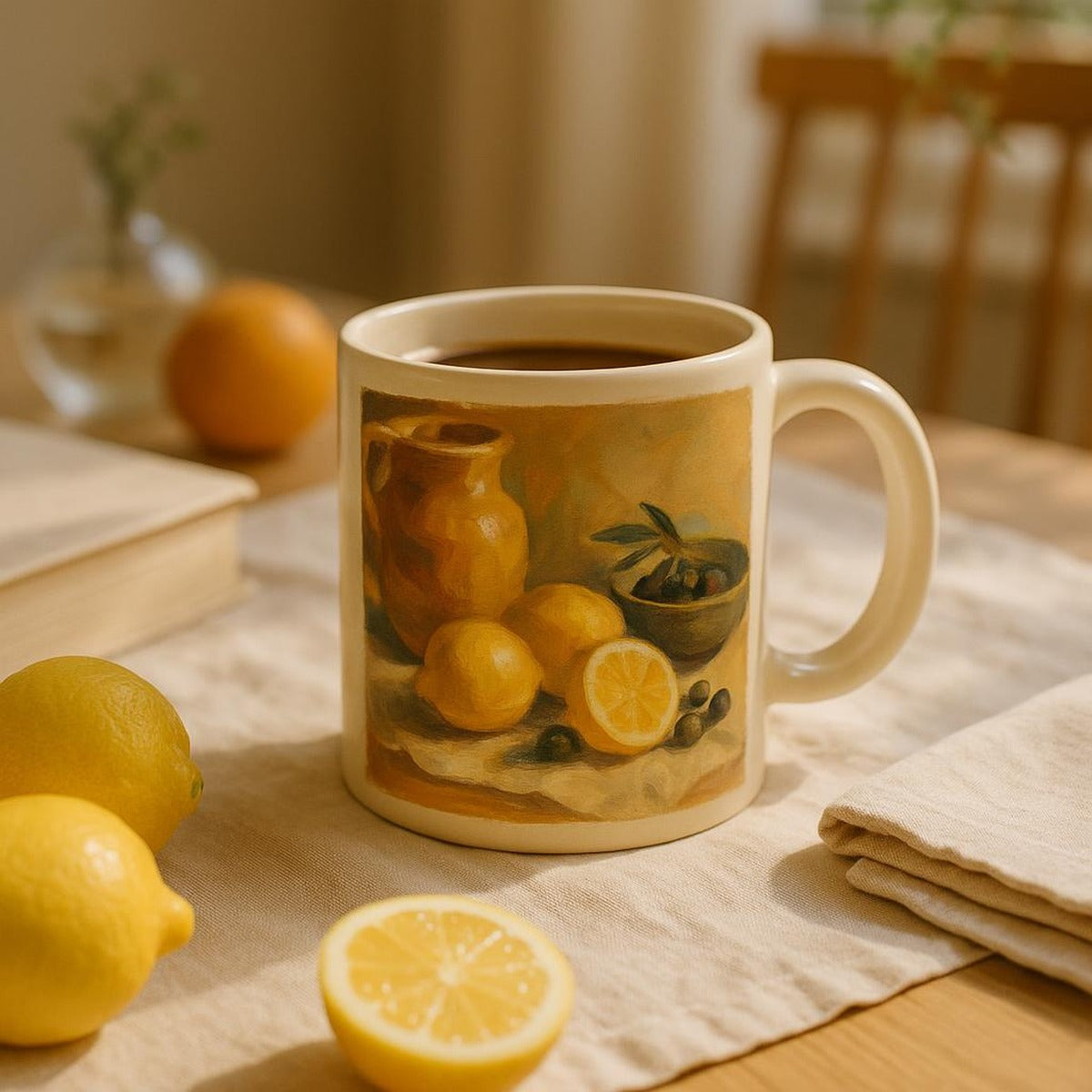 Mug placed beside a coffee pot and linen napkin on a wooden kitchen shelf