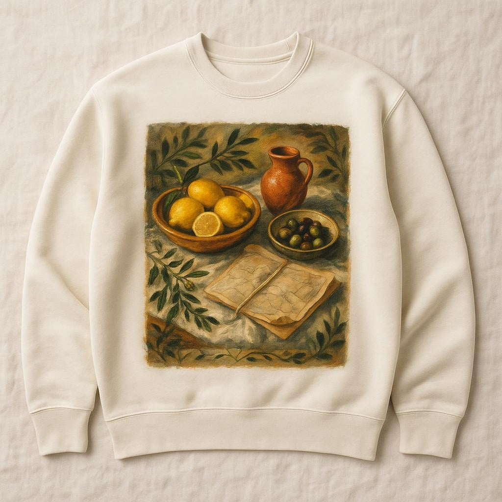Washed ecru sweatshirt with a hand-illustrated archipelago map print across the chest, shown flat on a pale background