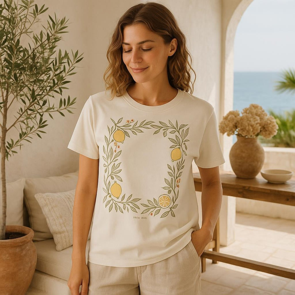 Model in relaxed fit t-shirt standing near a rustic stone wall and terracotta pots outdoors