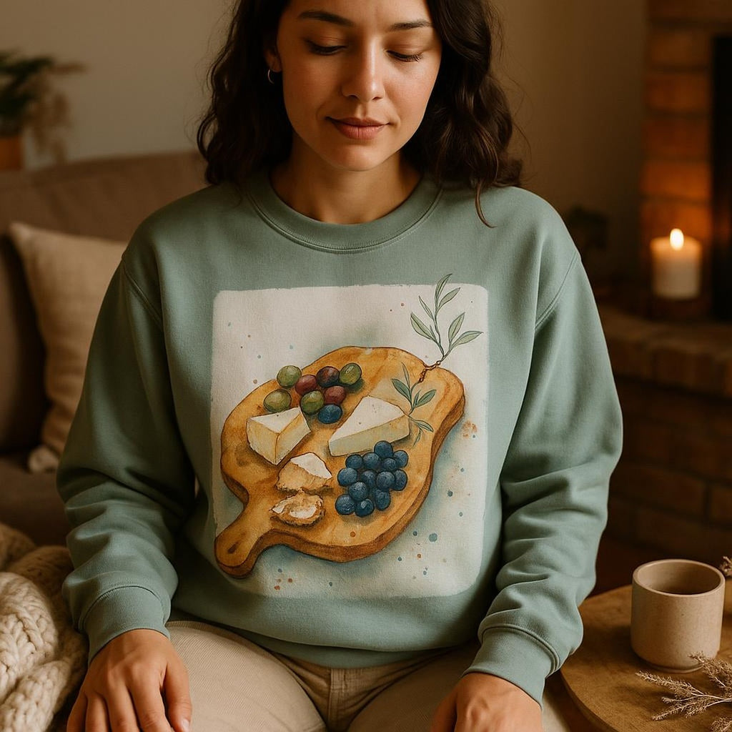 Person in the grazing paddle sweatshirt seated at a sunlit table set for a long Mediterranean lunch