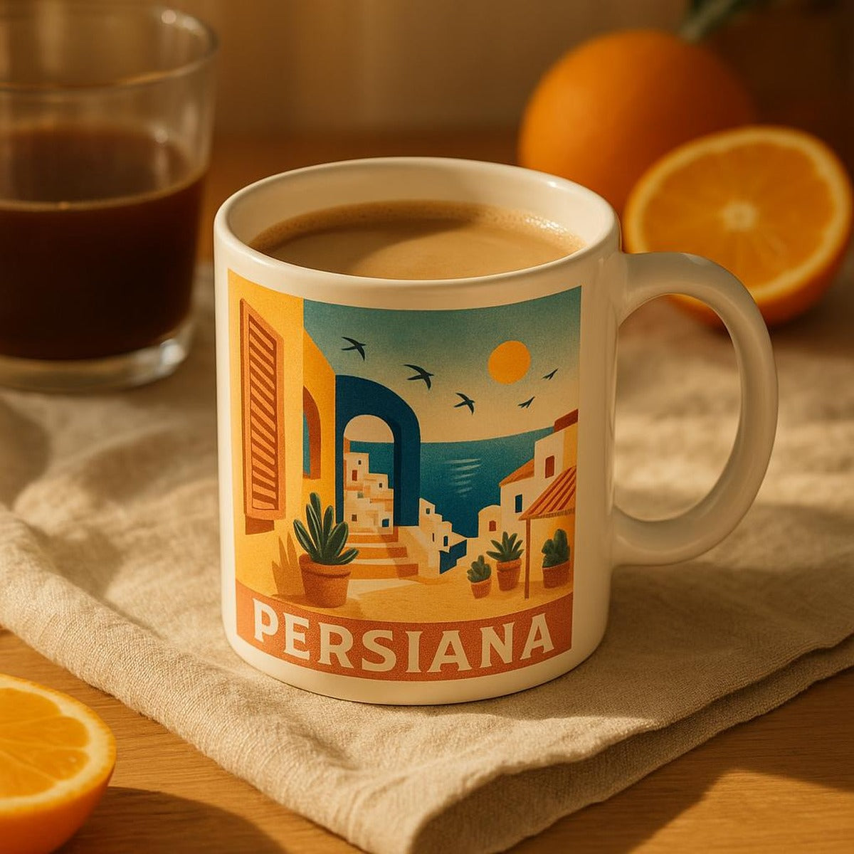 Sun-stripe mug held in hand beside a sunlit window with soft afternoon light