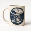 Cream ceramic coffee mug with olive-green Aurora design shown on a plain background