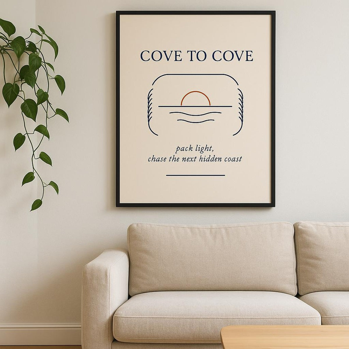 Travel-themed gallery wall featuring the coastal duffel print among smaller framed prints