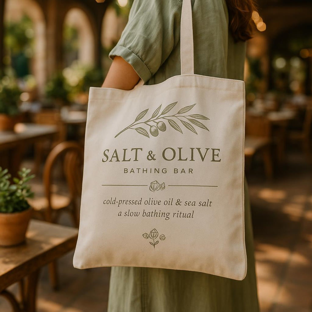Tote bag standing on a wooden table beside a linen towel and soap bar for scale