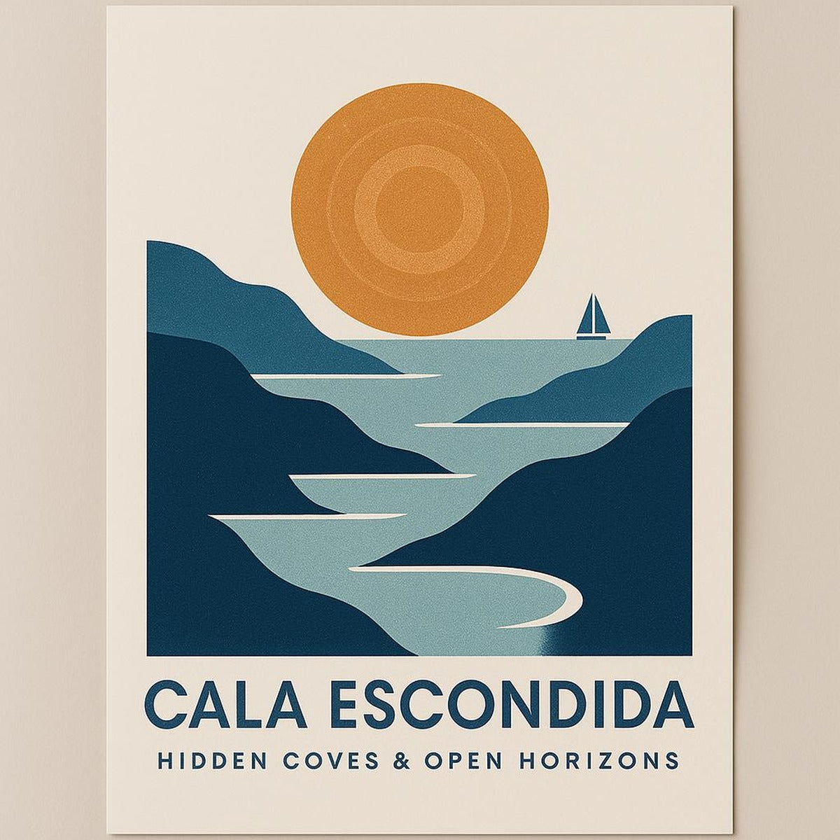 Coastal gallery wall featuring the Cala Escondida poster alongside two smaller abstract prints