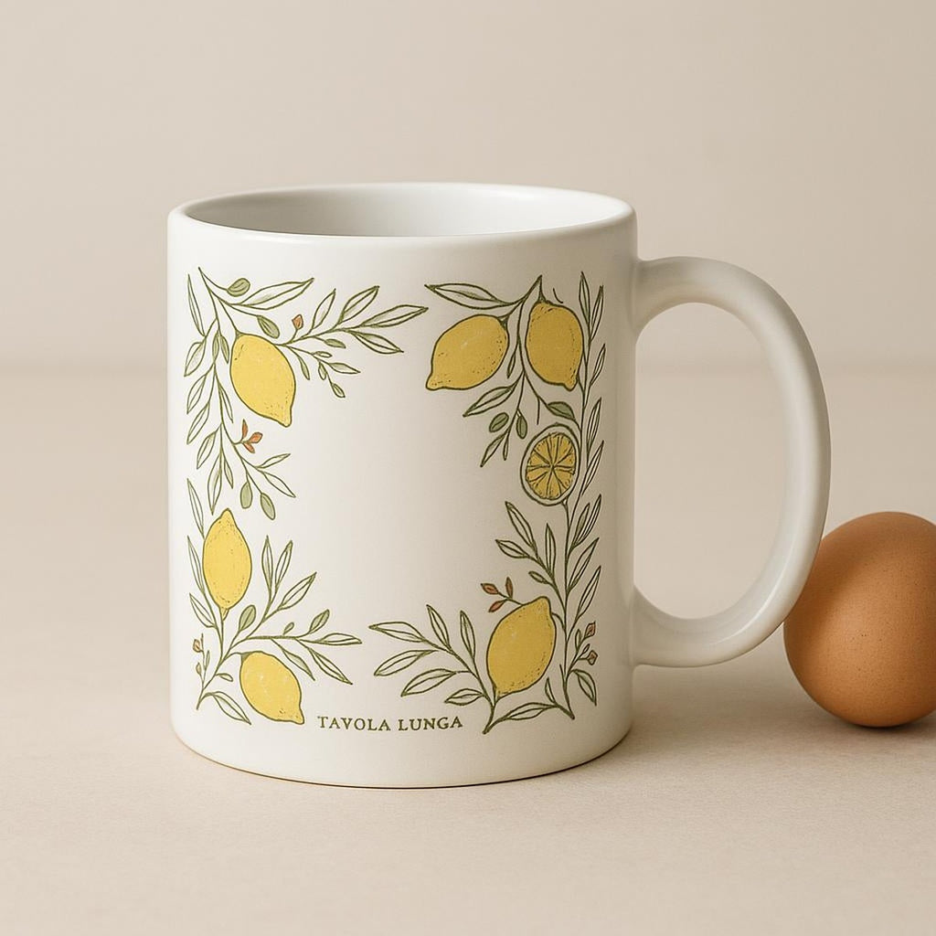 Scale image showing the roomy 325ml mug held in one hand by its curved handle