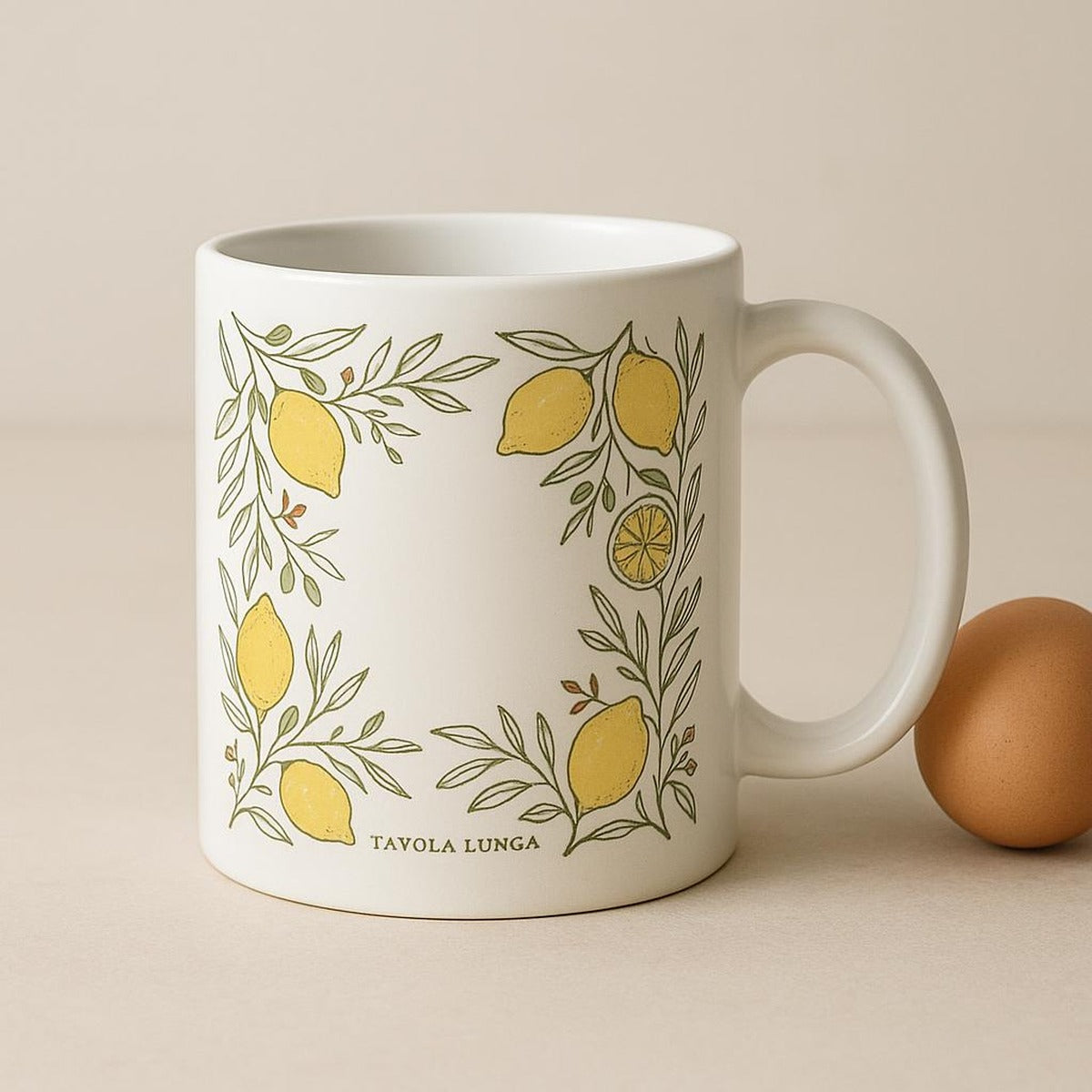 Scale image showing the roomy 325ml mug held in one hand by its curved handle