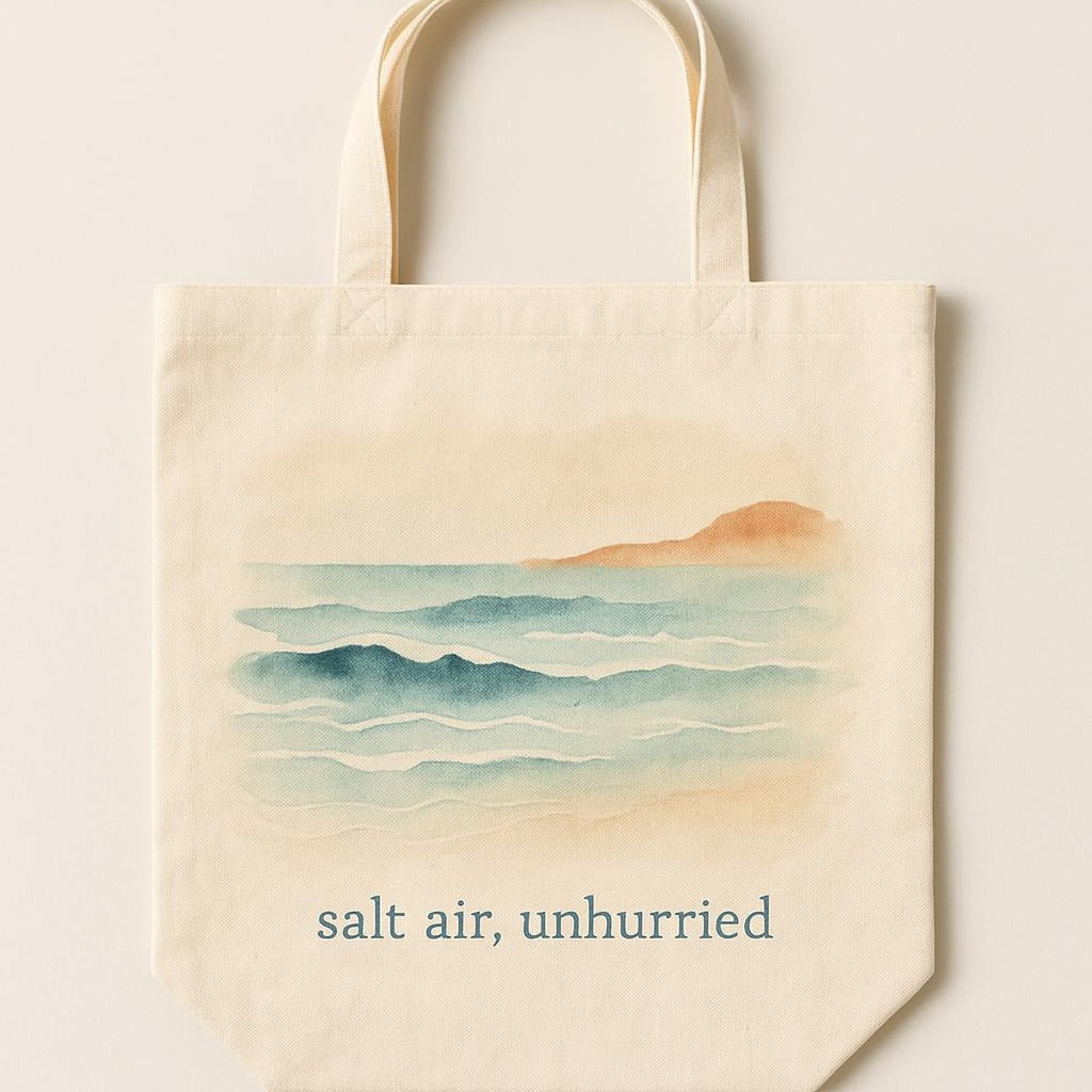 Detail of the tonal slow down motif printed in soft sand tones on sea-glass canvas