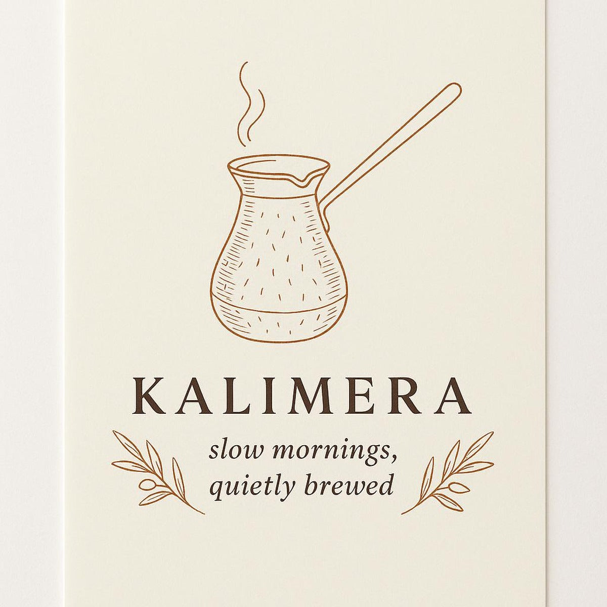 Hero poster of a hand-hammered copper cezve coffee pot with brass handle on a soft cream background