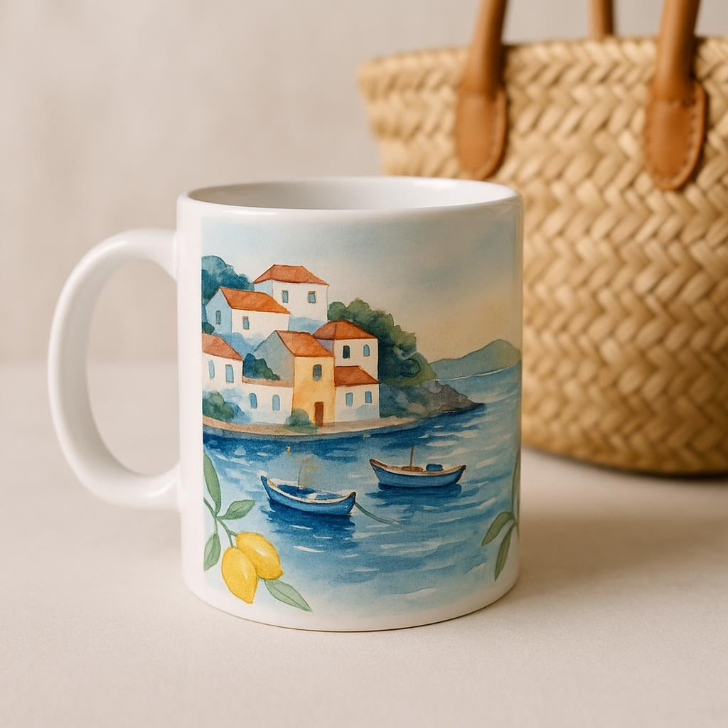 Ceramic mug filled with black coffee resting on a linen-topped breakfast table