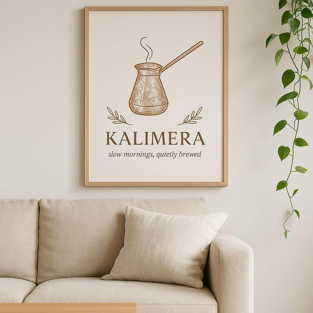 Room scene with the coffee pot print styled over a wooden breakfast nook with linen and terracotta accents