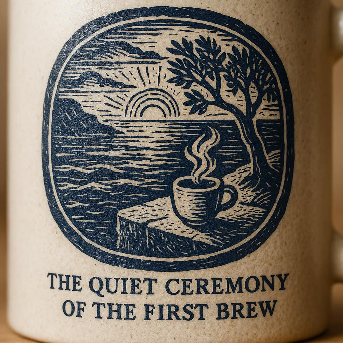 Close-up of the glossy glaze and olive-grove inspired print on the ceramic mug