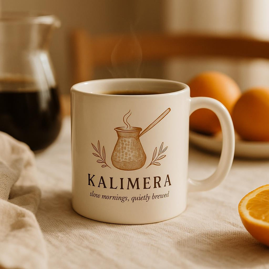 Ceramic mug on a sunlit Mediterranean terrace table beside a small coffee cup and linen napkin