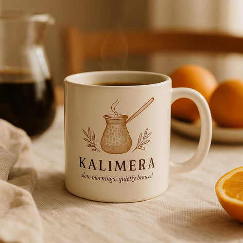 Ceramic mug on a sunlit Mediterranean terrace table beside a small coffee cup and linen napkin