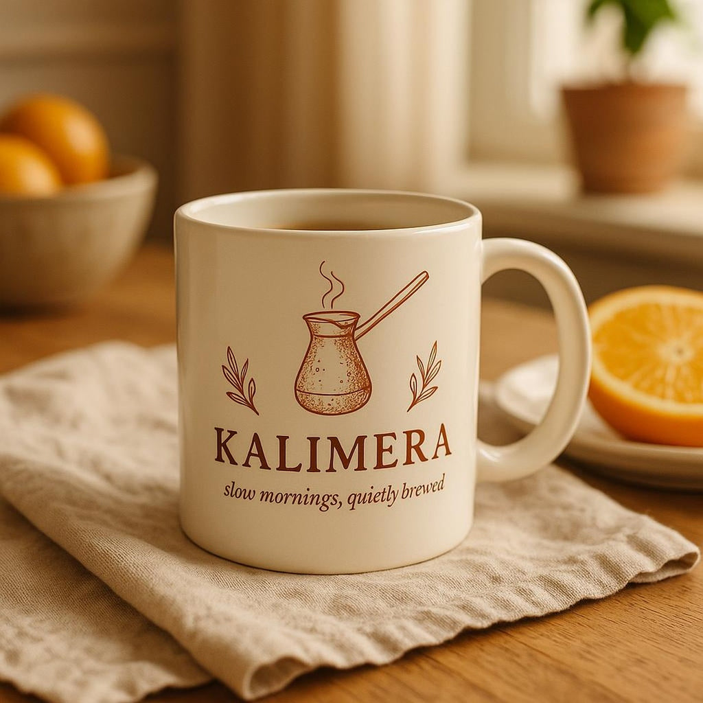 Mug filled with dark coffee resting on a wooden kitchen shelf with coastal ceramics