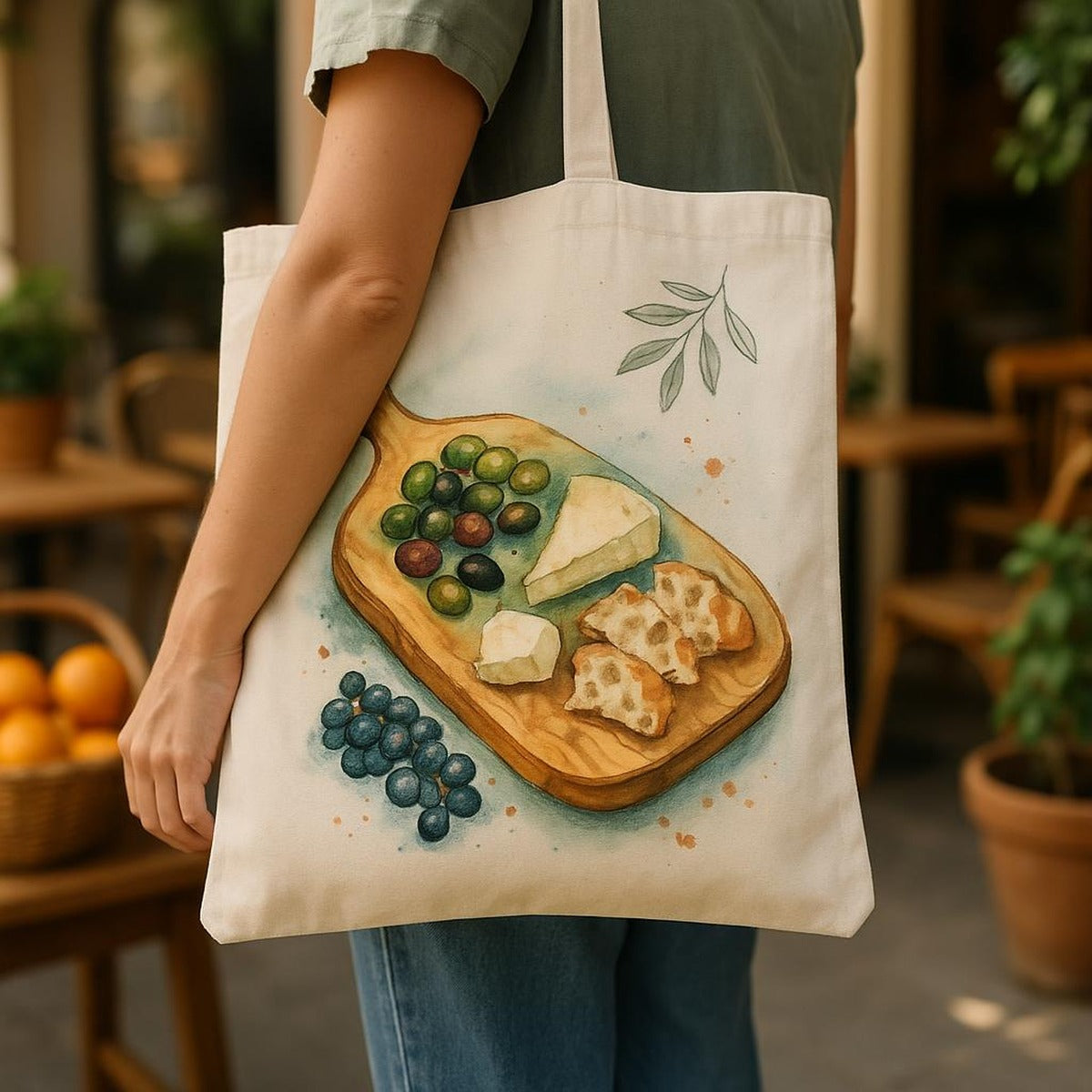 Lifestyle photo of the grazing paddle tote carried over the shoulder at a sunny outdoor market