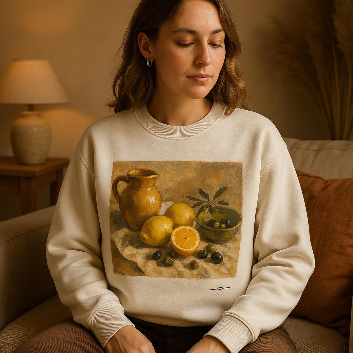 Person wearing the stone hoodie on a sunlit coastal terrace at golden hour