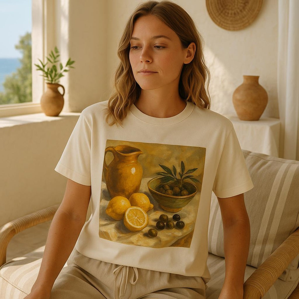 Folded stone t-shirt beside a leather jacket and linen shirt showing scale and styling