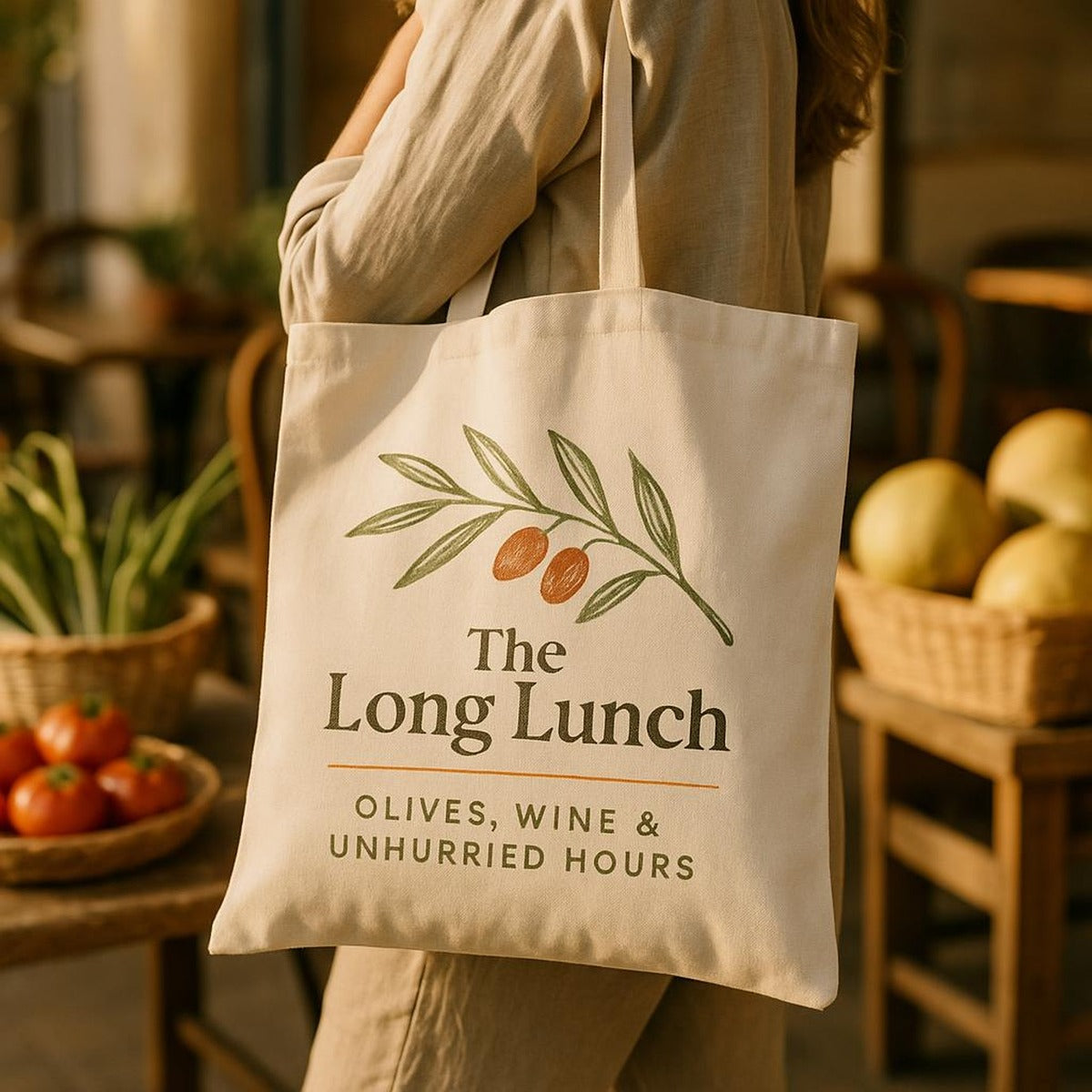 Lifestyle shot of the olive duo tote carried over the shoulder at an outdoor market with fresh produce