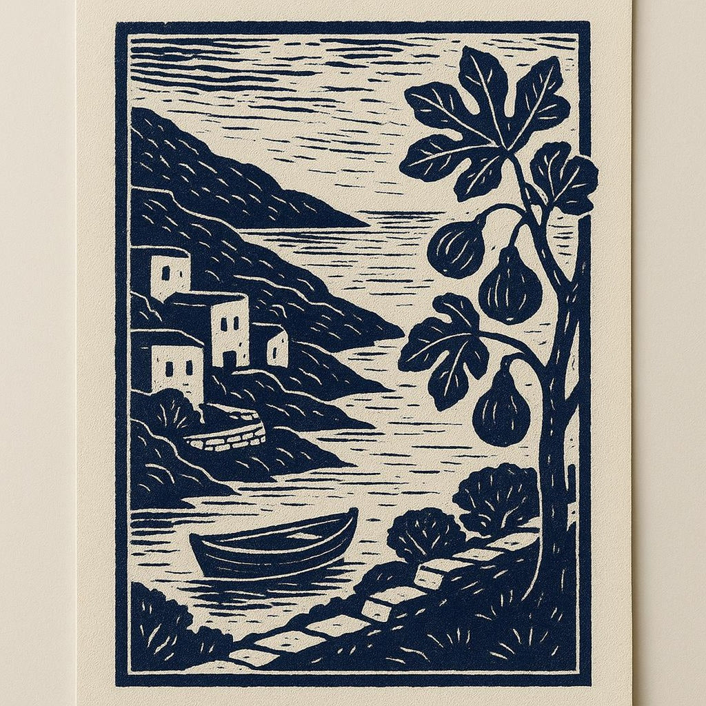 Matte poster leaning on a shelf beside olive branches and ceramic bowls