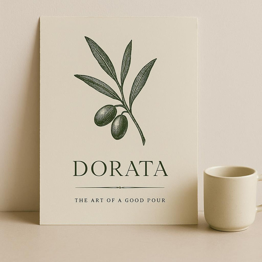 Art print leaning on a shelf beside olive branches and ceramic jars