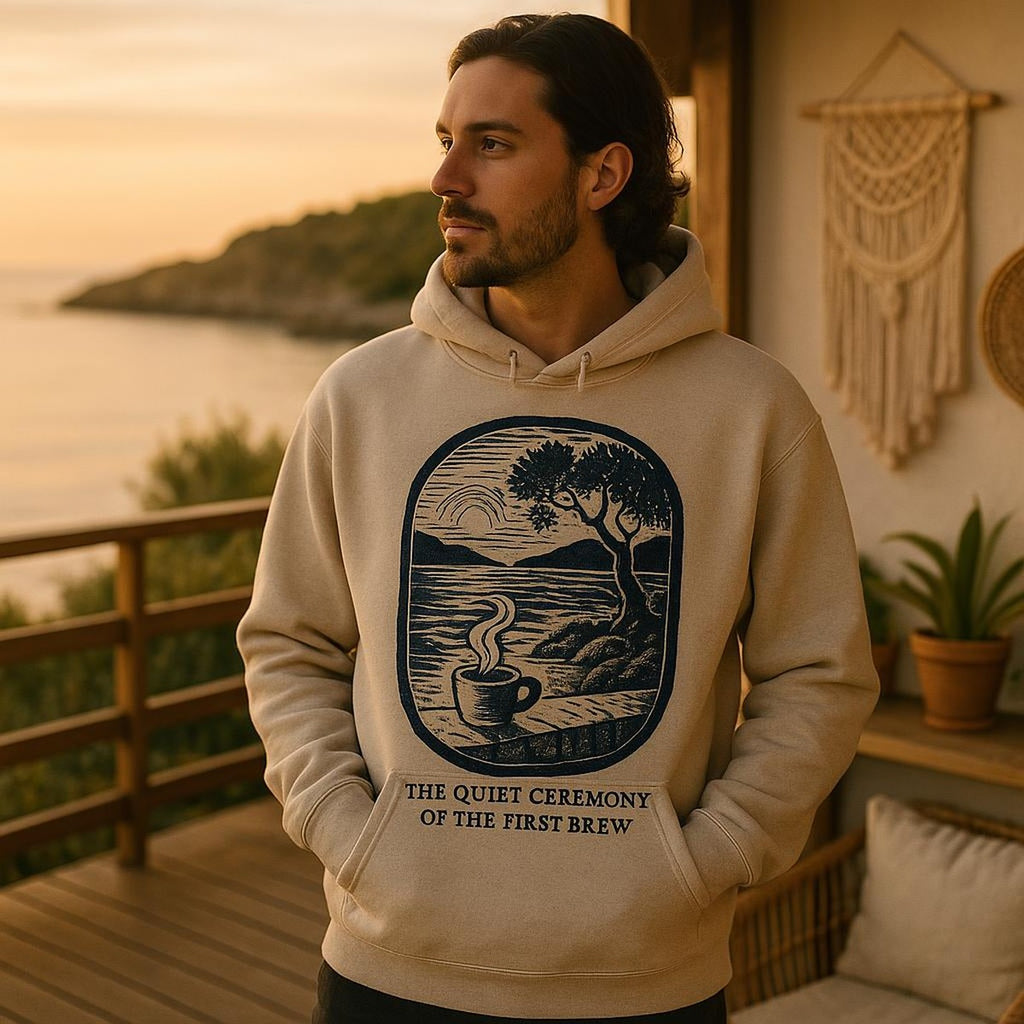 Model in relaxed unisex hoodie beside a sunlit window, showing the substantial drape and roomy fit