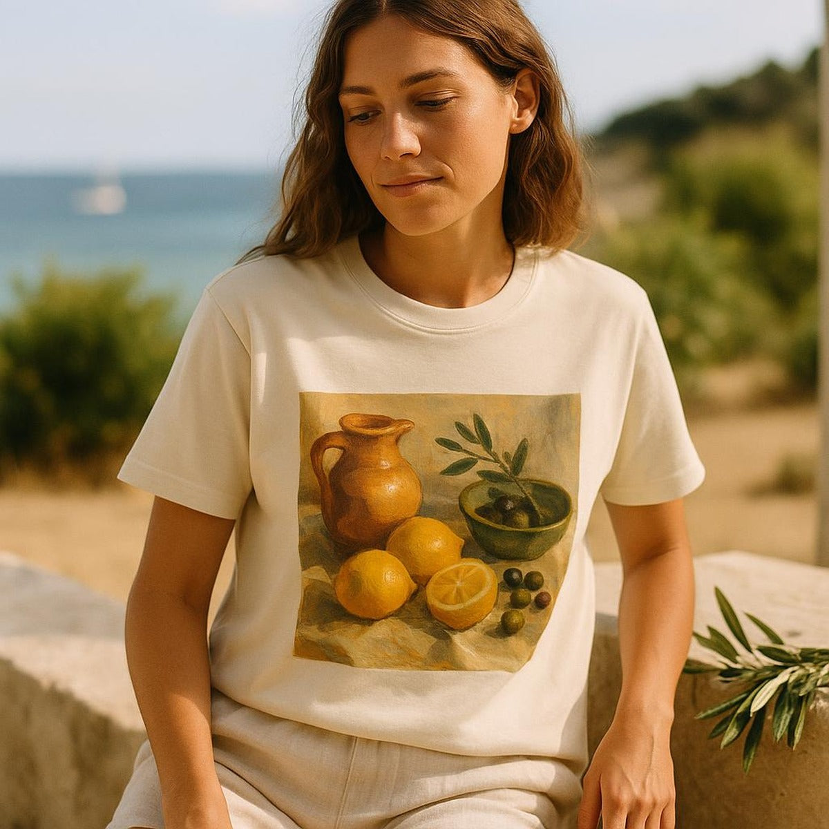 Person wearing the stone cotton tee under an open linen overshirt on a sunlit coastal terrace