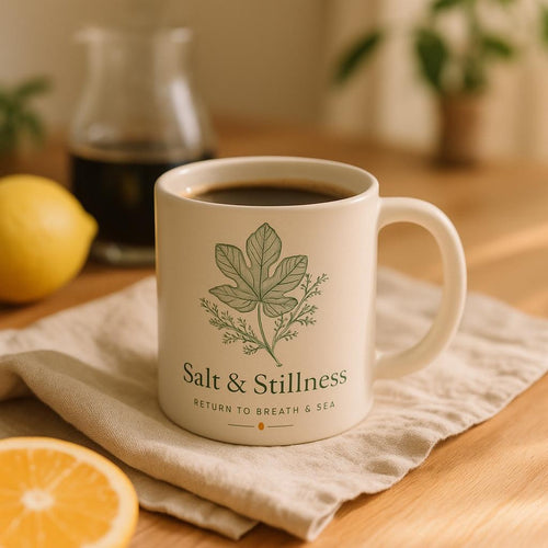 Coastal Salt and Stillness mug filled with coffee on a linen-covered table in soft morning light