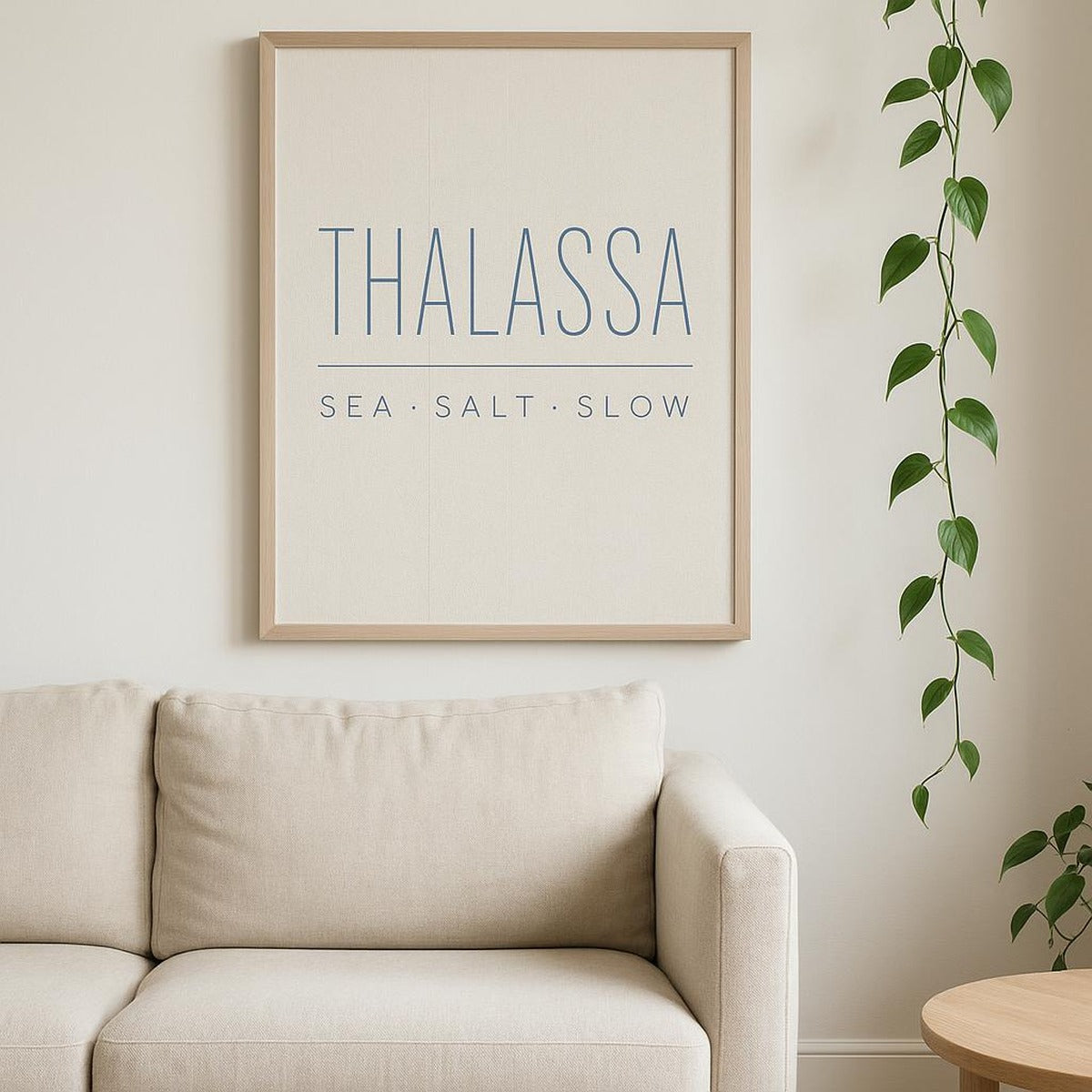 Scale view of the framed poster next to folded linen towels and a small vase