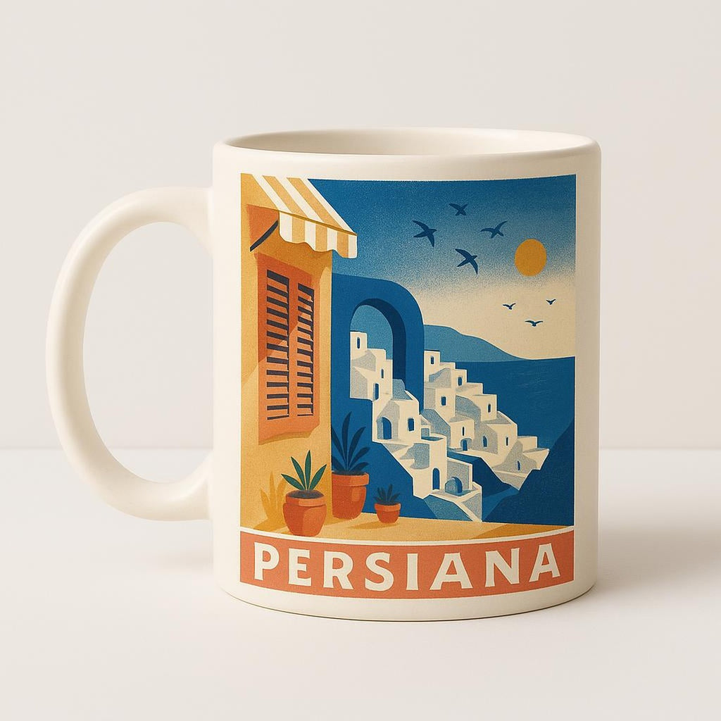 Ceramic mug with tonal sun-washed ochre stripe pattern on a plain background