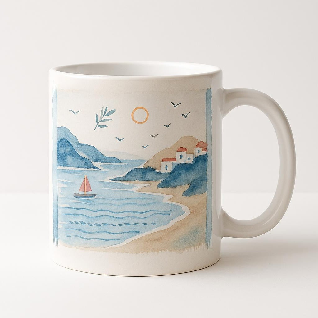 Sand and sea blue Cyclades Coastal ceramic mug shown from the front on a neutral background