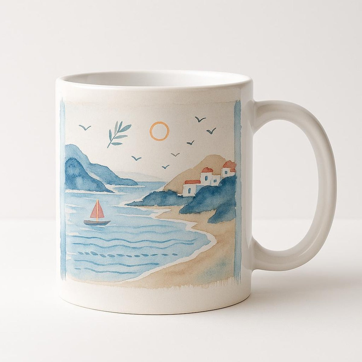 Sand and sea blue Cyclades Coastal ceramic mug shown from the front on a neutral background