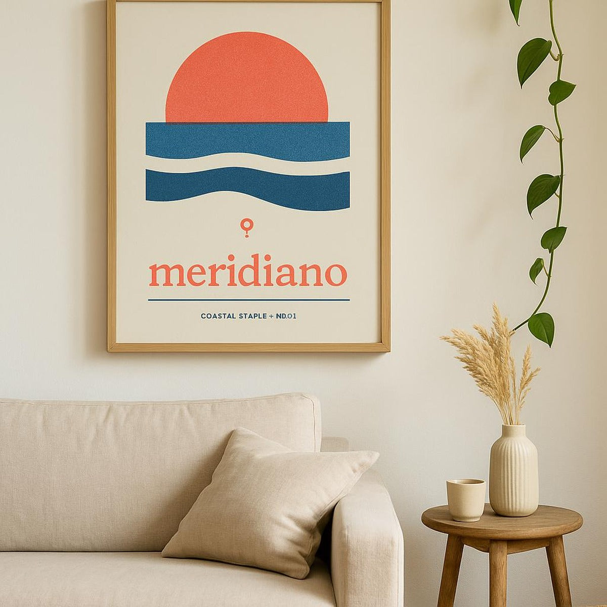 Lifestyle shot of the Meridiano poster framed above a wooden console in a bright Mediterranean-style room