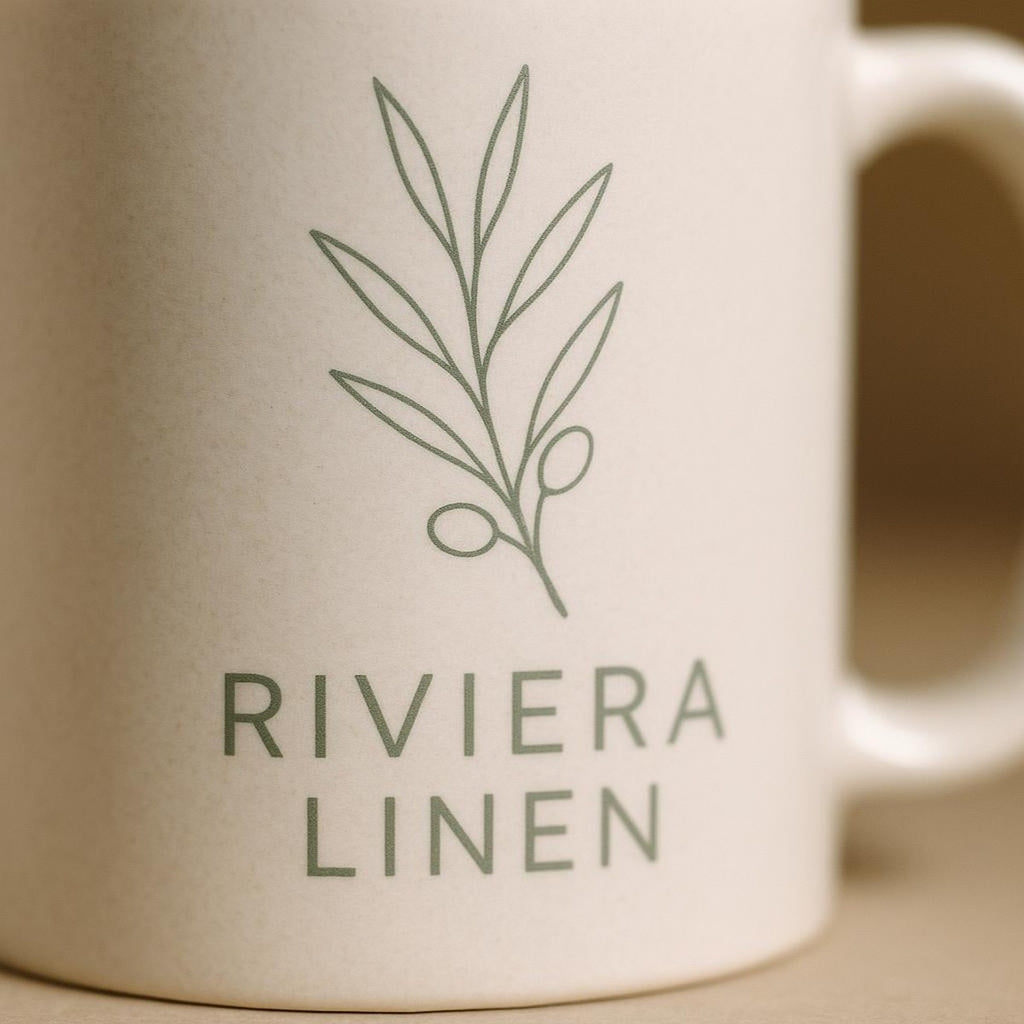 Close-up of the fired print detail and smooth glaze on the stoneware mug