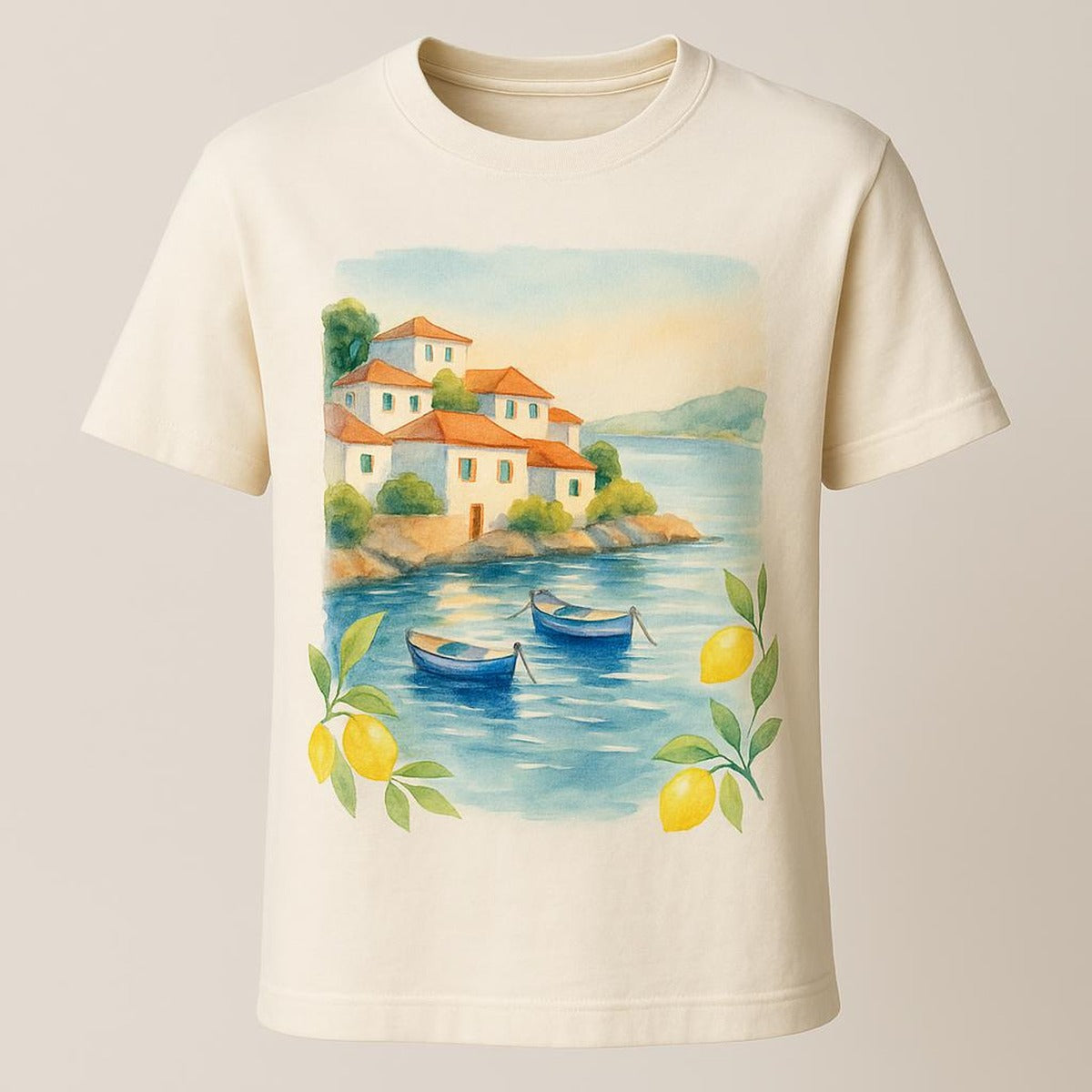 Natural sand premium t-shirt with hand-drawn raffia market tote coastal graphic in ocean blue