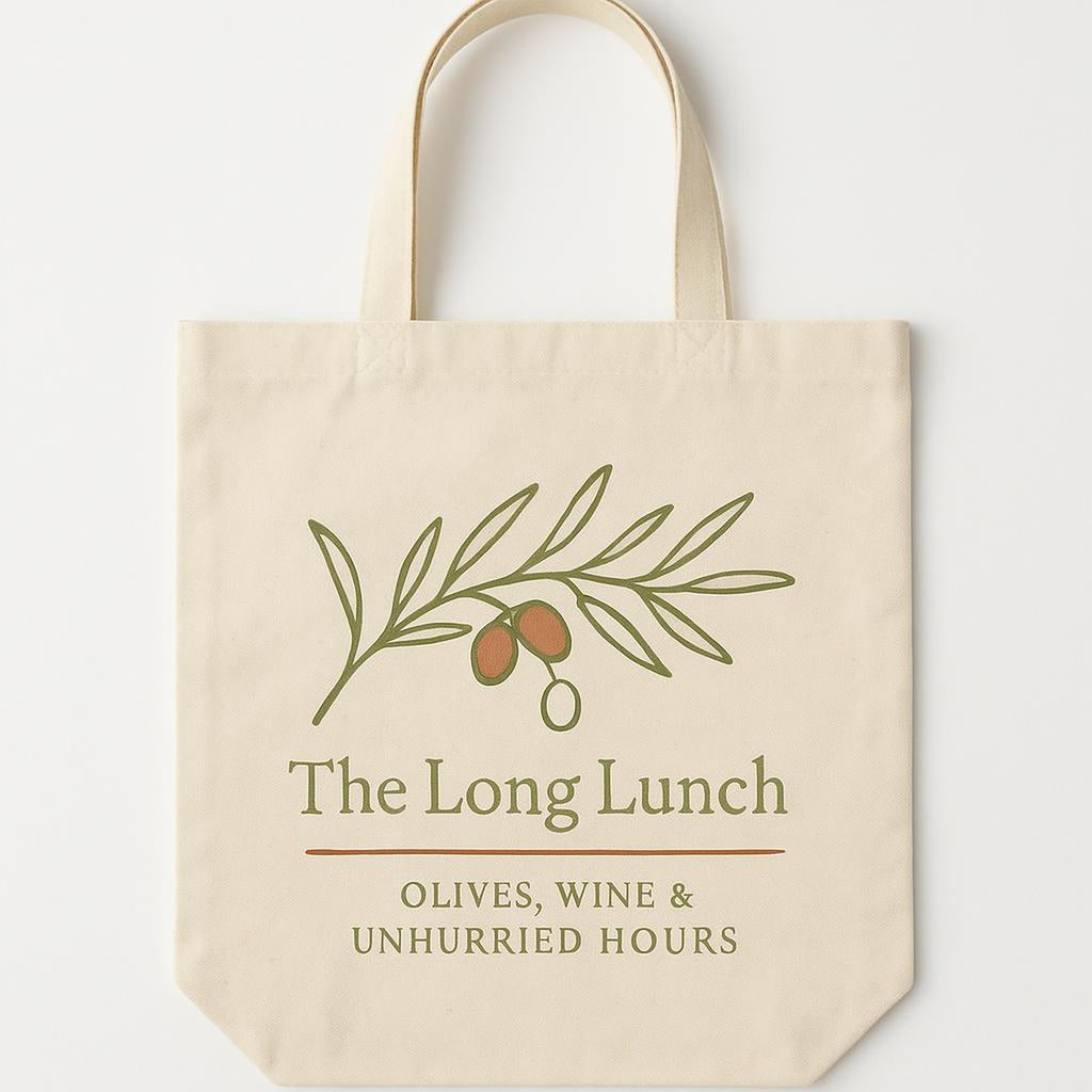 Natural cotton tote bag printed with an olive and pit dish illustration in olive green and terracotta, shown on a plain background