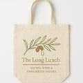 Natural cotton tote bag printed with an olive and pit dish illustration in olive green and terracotta, shown on a plain background