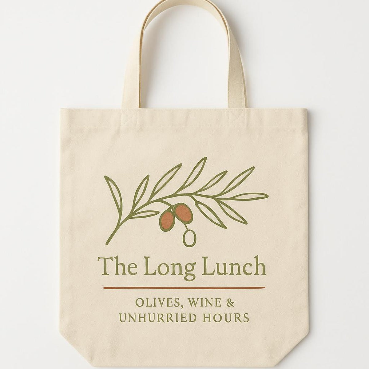 Natural cotton tote bag printed with an olive and pit dish illustration in olive green and terracotta, shown on a plain background