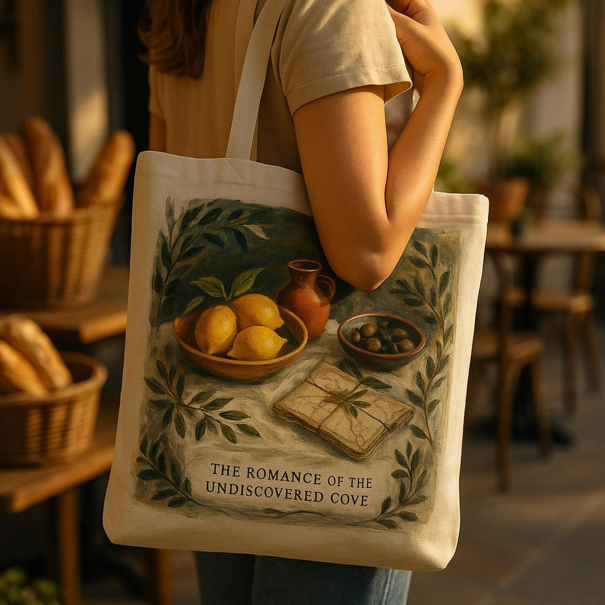 Model carrying the coastal map tote over one shoulder on a sunlit harbour walk