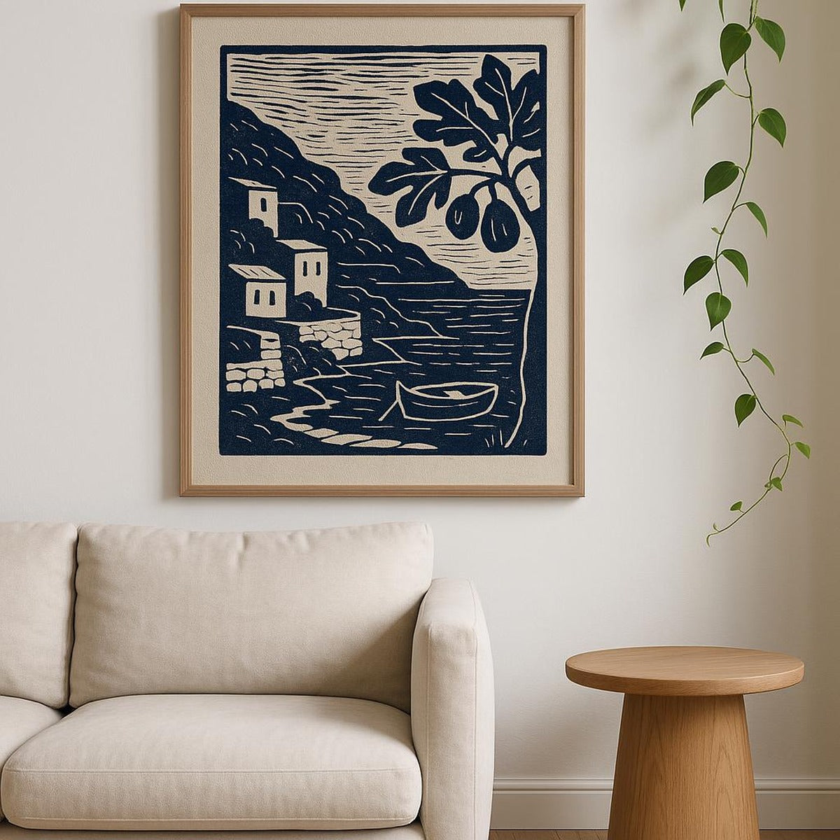 Framed apron art print hanging in a warm Mediterranean-style dining room