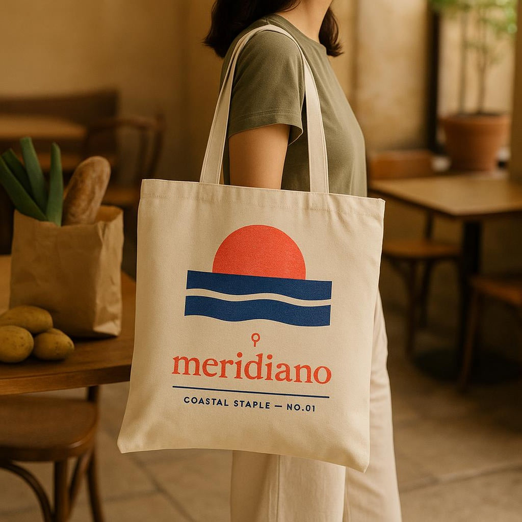 Model carrying the Meridiano cotton tote over one shoulder on a sunlit coastal street