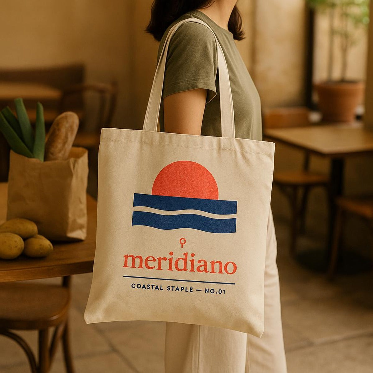Model carrying the Meridiano cotton tote over one shoulder on a sunlit coastal street