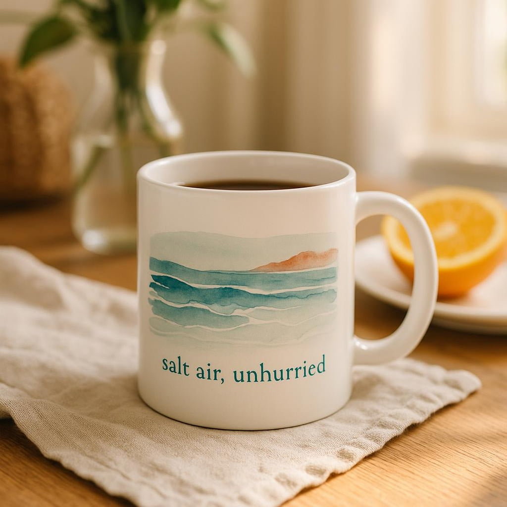 Mug shown beside a coffee pot and small plate to indicate its 325ml scale