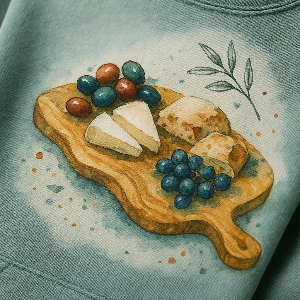 Close-up of the grazing paddle graphic showing the live-edge board, carved handle and juice channel detail on brushed fleece