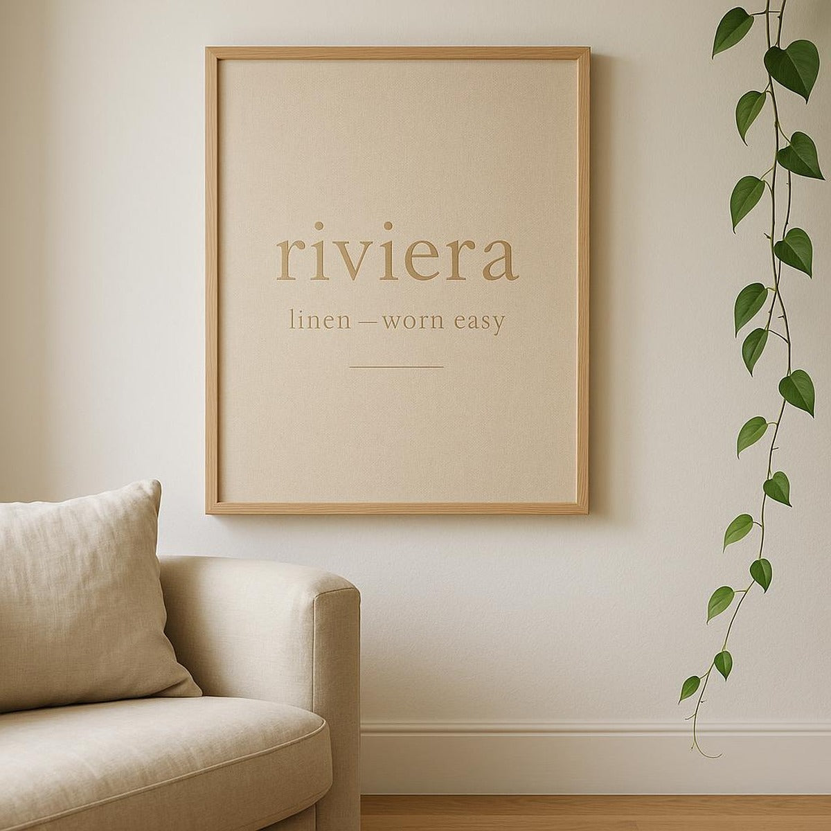 Room scene with the Riviera linen trouser print on a gallery wall in an airy Mediterranean-style dressing room